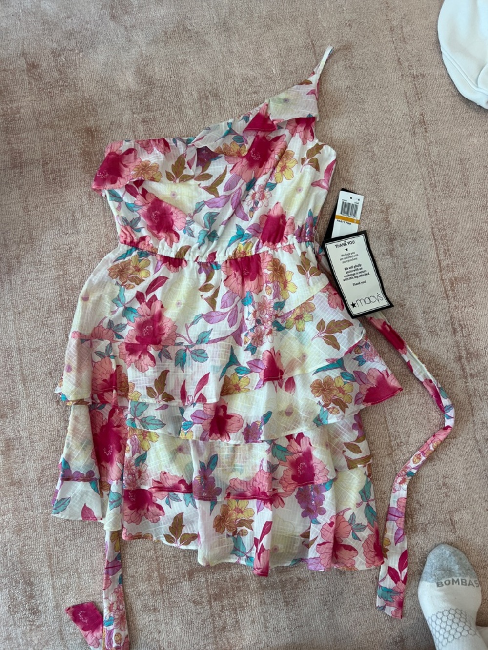 Macy's Cream Floral One-Shoulder Ruffle Dress with Pink Accents